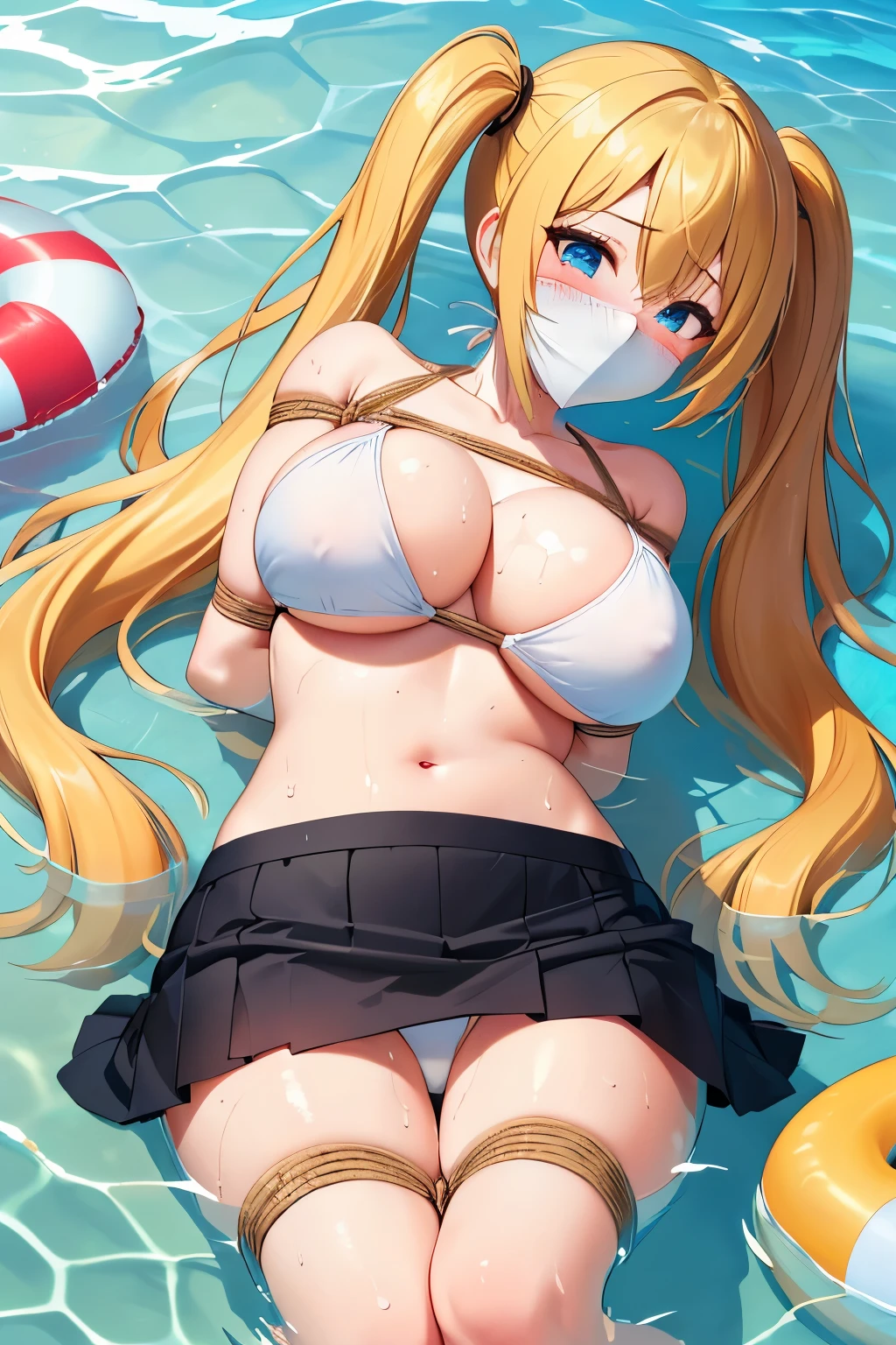 2 girls, (detailed blue eyes, lange wimpern, detailed beautiful face:1.1), 4k quality, twintails, Haare Seiten nach oben, (Long blonde hair:1.4), (arms behind back:1.3), (big breasts:1.5), Red rope, (blushing:1.3), erina nakiri, long hair, orange hair, hair between eyes, (black skirt, White bikini, 17 jears old:1.4), (bondage:1.3), erhobene Augenbrauen, pralle Brüste, OTN, Gag, gagged, (laying in water:1.5), wet, (near a Public beach with many people:1.5), Ankles together, Ankles bound together with rope