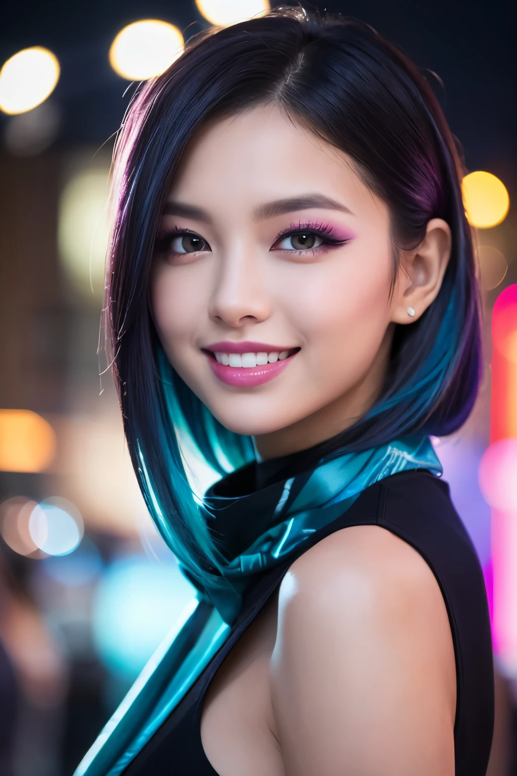 Fireworks in the background、high quality, real、High resolution, Realistic、8k、masterpiece, detailed.impressive, Cutting-edge female photography portraits,Showcasing a bold and daring street-art style. Cool smile、Looking at the camera、Facing forward、cyan, and purple, Her vibrant makeup really catches the eye.. Her colorful hair is tied up high, 