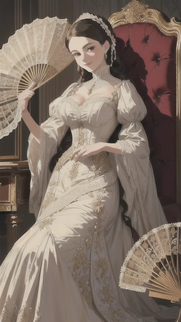 A graceful Victorian lady in a lavish, period-appropriate gown with lace and intricate embroidery. She stands in a beautifully decorated parlor, holding a delicate fan. Her poised and elegant demeanor, coupled with her serene smile, exudes timeless sophistication.