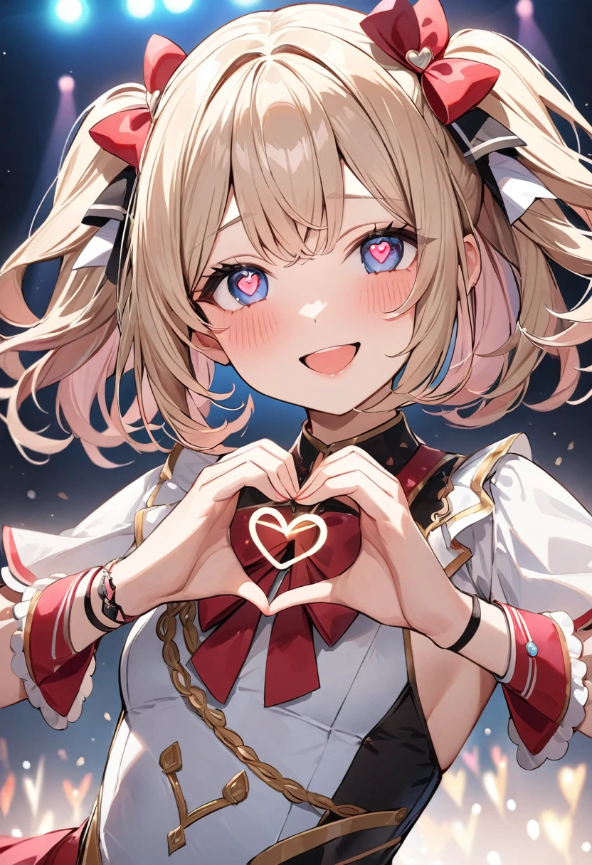 (masterpiece, top quality, very aesthetic, 4k、illustration), intricate detail, 1woman,contrapposto 、heart hands,(upper body)、heart hands,(heart shaped pupils),Cute 、lovey smile、Random Hair Color、,middle hair,sidelock ,Random Color　eyes、idol clothes、small breasts、Slim 、