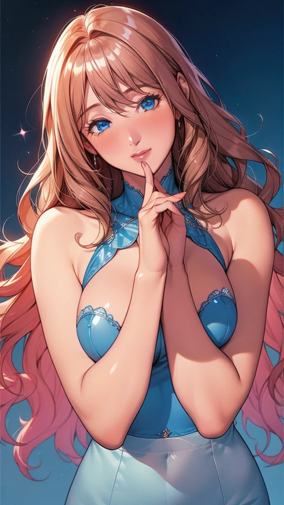 30-year-old Caucasian woman、Soft wavy long hair、light makeup、Shiny hair quality、Sparkling blue eyes、Unparalleled anatomical accuracy、Perfect Fingers、blushing shyly、Look at me through the gap between your hands、Look at me sideways、A feminine and soft body、Shiny red off-the-shoulder mini top、Upper Body Shot、