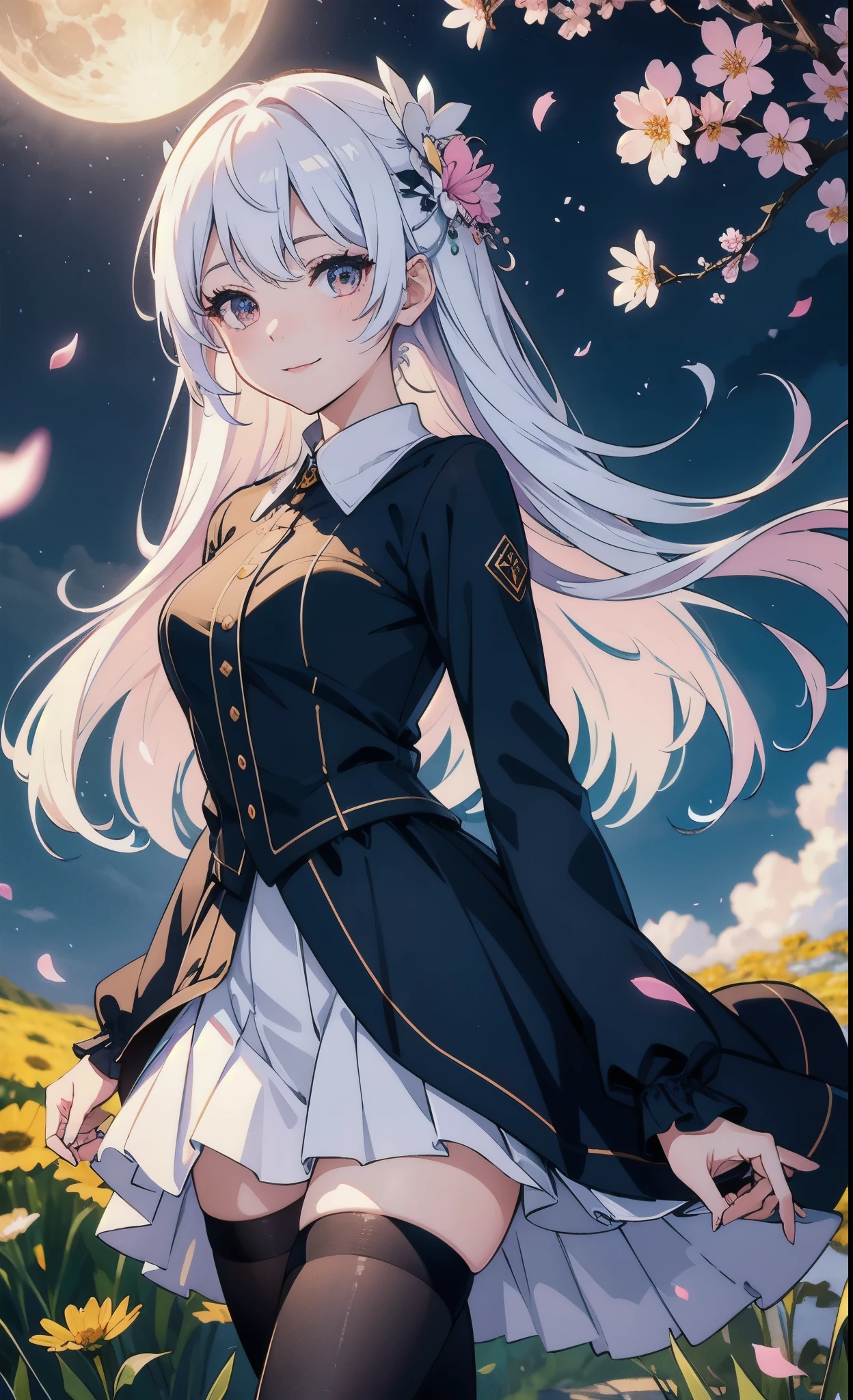 masterpiece, best quality, 1 Girl, (rich and colorful),(Delicate eyes and face), volumatic Light, Light线追踪, Half-length photo ,Extremely detailed CG unity 8k wallpaper,Solitary,Smile,Delicate skirt,((Flying petals)),(Flowering meadow) Sky, cloudy_Sky, moonLight, moon, night, (Dark theme:1.3), Light, fantasy, windy, Magic Spark, dark castle,White hair