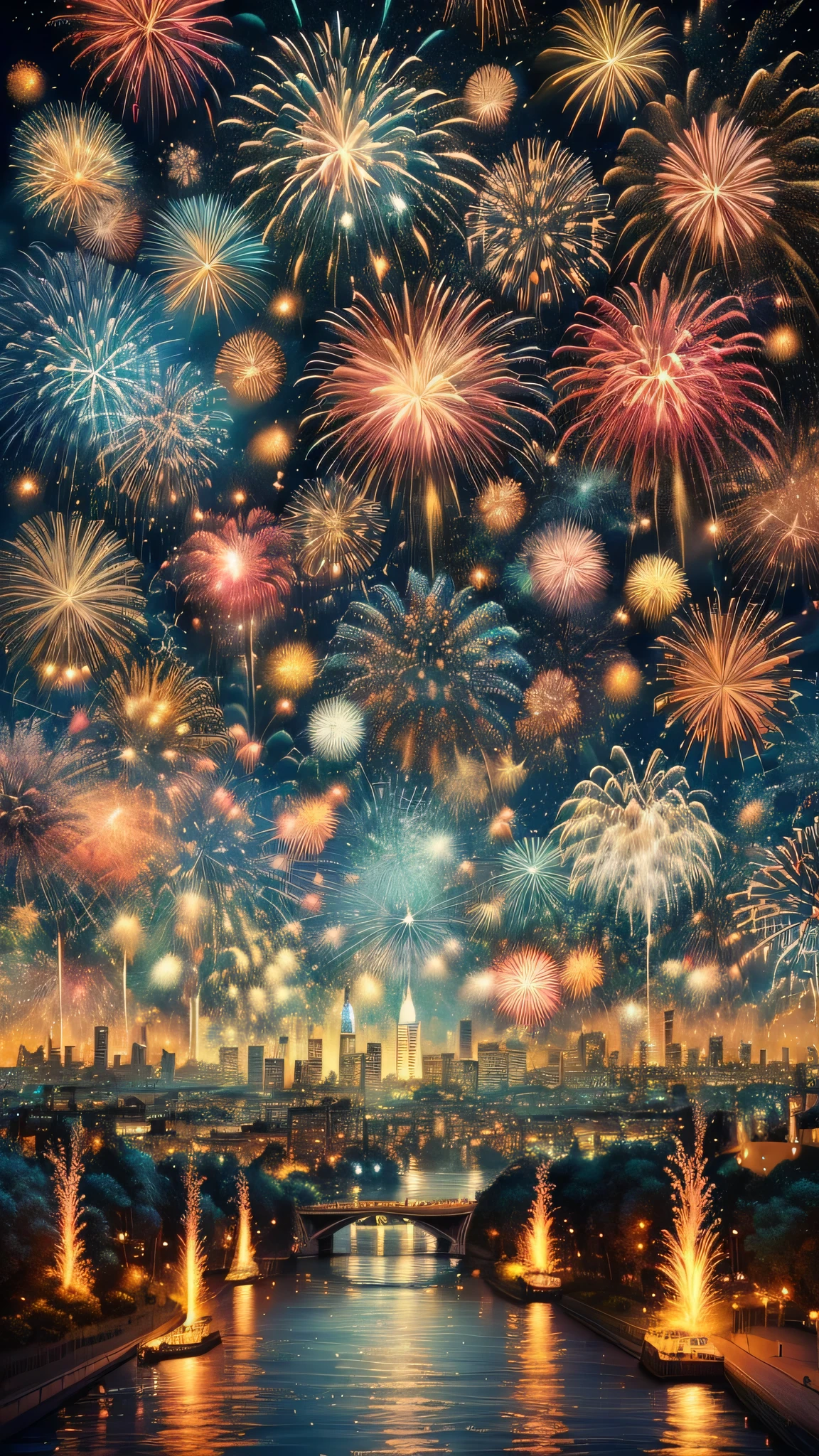fireworks over a city with a river and a bridge, firework, fireworks, [ fireworks in the sky ]!!, fireworks in background, Great background, fireworks in the background, fireworks on the background, Happy!!!, celebrate, Grand Finale, !!beautiful!!, New Year&#39;s Eve, Awesome Wallpapers, July 4, firework, Great art, future!!