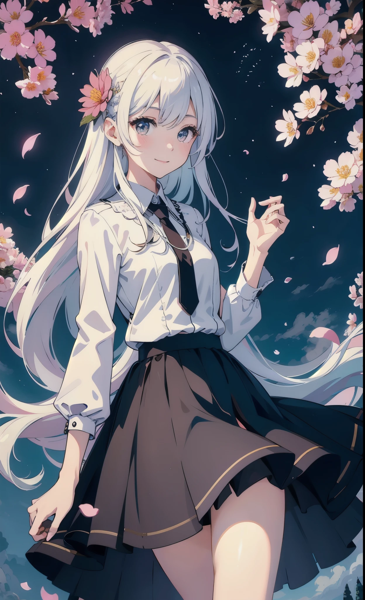 masterpiece, best quality, 1 Girl, (rich and colorful),(Delicate eyes and face), volumatic Light, Light线追踪, Half-length photo ,Extremely detailed CG unity 8k wallpaper,Solitary,Smile,Delicate skirt,((Flying petals)),(Flowering meadow) Sky, cloudy_Sky, moonLight, moon, night, (Dark theme:1.3), Light, fantasy, windy, Magic Spark, dark castle,White hair