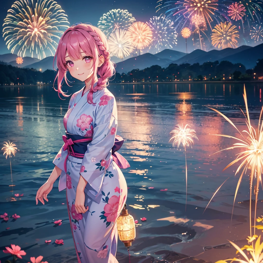Sky Blue Medium Hair, (Braided Hair),(Pink Eyes),Fair skin ,(whole body),(1 girl)、Floral Yukata、summer night、Lake Biwa、Fireworks over the lake、Big fireworks、smile、Straight bangs,(masterpiece, Highest quality, Very detailed, Best Shadow), (Detailed Background), (Beautifully detailed face), High Contrast, (Best lighting, Very delicate and beautiful), ((Cinematic Light)), colorful, Hyper Detail 8k, Dramatic Light, Intricate details,Fireworks light reflected on the water surface
