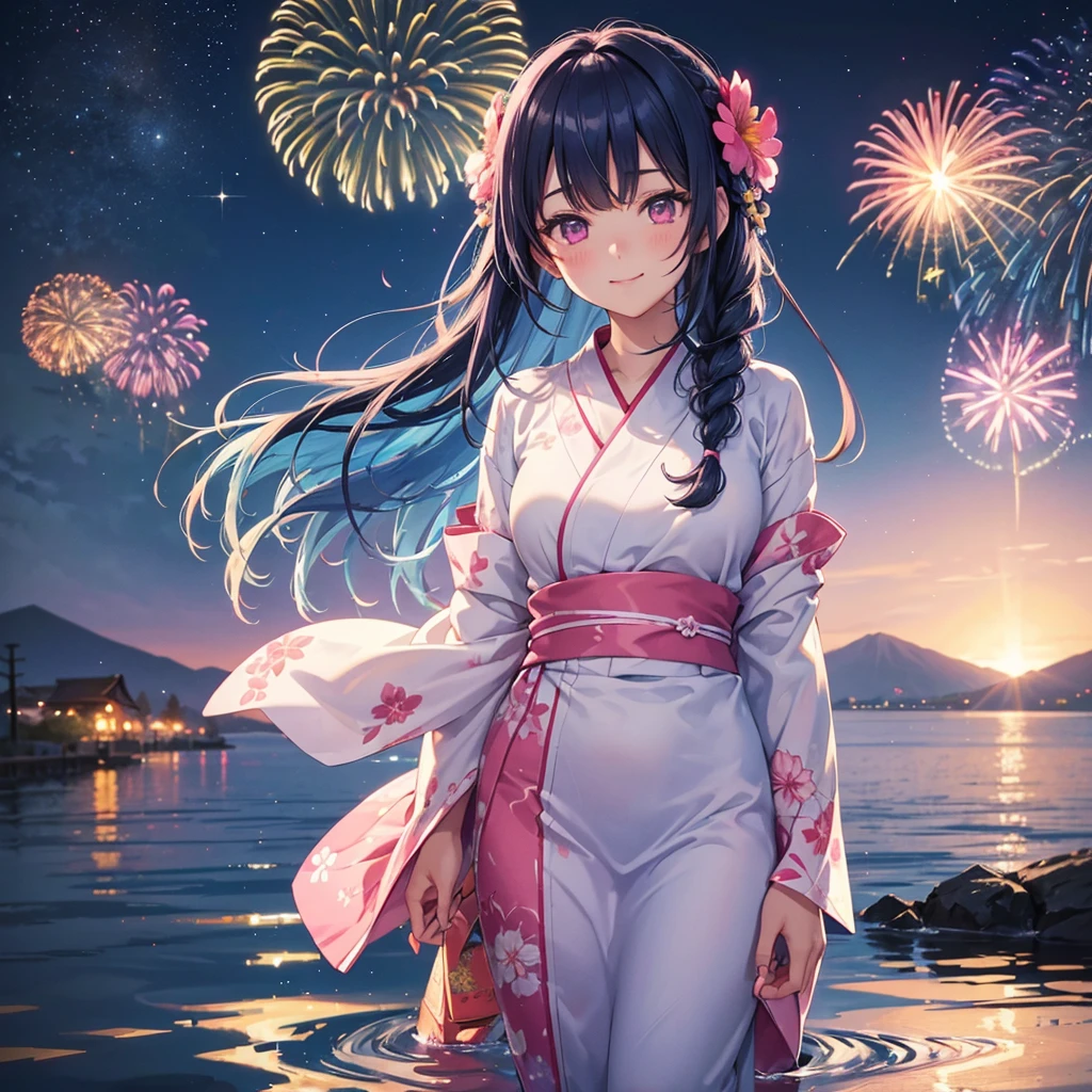 Sky Blue Medium Hair, (Braided Hair),(Pink Eyes),Fair skin ,(whole body),(1 girl)、Floral Yukata、summer night、Lake Biwa、Fireworks over the lake、Big fireworks、smile、Straight bangs,(masterpiece, Highest quality, Very detailed, Best Shadow), (Detailed Background), (Beautifully detailed face), High Contrast, (Best lighting, Very delicate and beautiful), ((Cinematic Light)), colorful, Hyper Detail 8k, Dramatic Light, Intricate details,Fireworks light reflected on the water surface