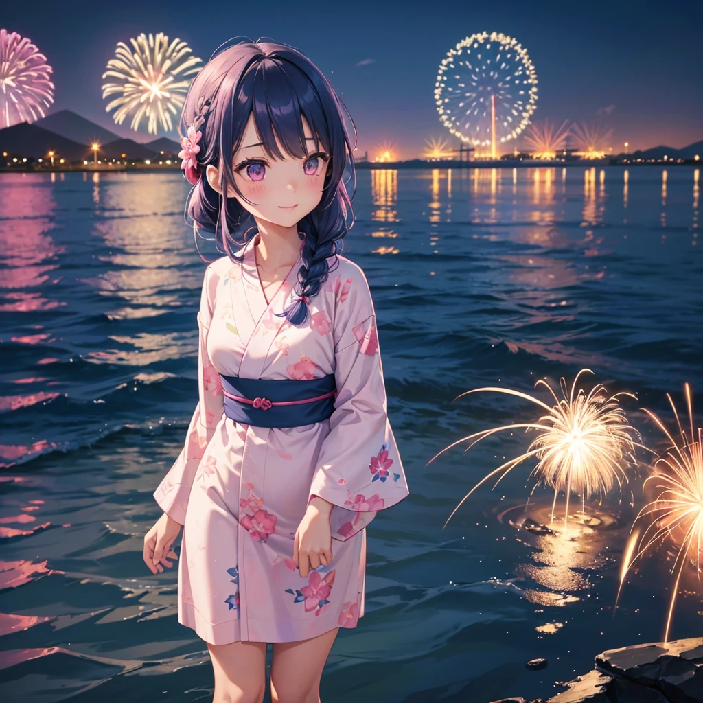 Sky Blue Medium Hair, (Braided Hair),(Pink Eyes),Fair skin ,(whole body),(1 girl)、Floral Yukata、summer night、Lake Biwa、Fireworks over the lake、Big fireworks、smile、Straight bangs,(masterpiece, Highest quality, Very detailed, Best Shadow), (Detailed Background), (Beautifully detailed face), High Contrast, (Best lighting, Very delicate and beautiful), ((Cinematic Light)), colorful, Hyper Detail 8k, Dramatic Light, Intricate details,Fireworks light reflected on the water surface
