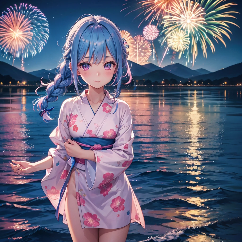 Sky Blue Medium Hair, (Braided Hair),(Pink Eyes),Fair skin ,(whole body),(1 girl)、Floral Yukata、summer night、Lake Biwa、Fireworks over the lake、Big fireworks、smile、Straight bangs,(masterpiece, Highest quality, Very detailed, Best Shadow), (Detailed Background), (Beautifully detailed face), High Contrast, (Best lighting, Very delicate and beautiful), ((Cinematic Light)), colorful, Hyper Detail 8k, Dramatic Light, Intricate details,Fireworks light reflected on the water surface