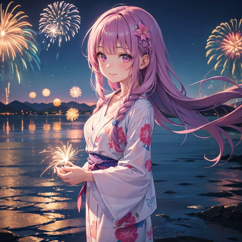 Sky Blue Medium Hair, (Braided Hair),(Pink Eyes),Fair skin ,(whole body),(1 girl)、Floral Yukata、summer night、Lake Biwa、Fireworks over the lake、Big fireworks、smile、Straight bangs,(masterpiece, Highest quality, Very detailed, Best Shadow), (Detailed Background), (Beautifully detailed face), High Contrast, (Best lighting, Very delicate and beautiful), ((Cinematic Light)), colorful, Hyper Detail 8k, Dramatic Light, Intricate details,Fireworks light reflected on the water surface