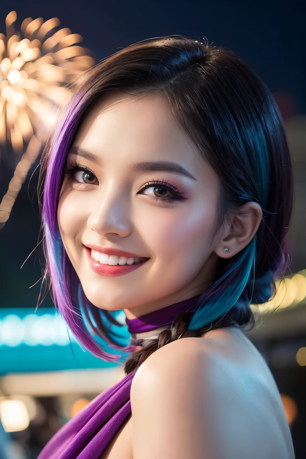 (Swimwear、Rubber material)、high quality, real、High resolution, Realistic、8k、masterpiece, detailed.impressive, Cutting-edge female photography portraits,Showcasing a bold and daring street-art style. Cool smile、Looking at the camera、Facing forward、cyan, and purple, Her vibrant makeup really catches the eye.. Her colorful hair is tied up high,