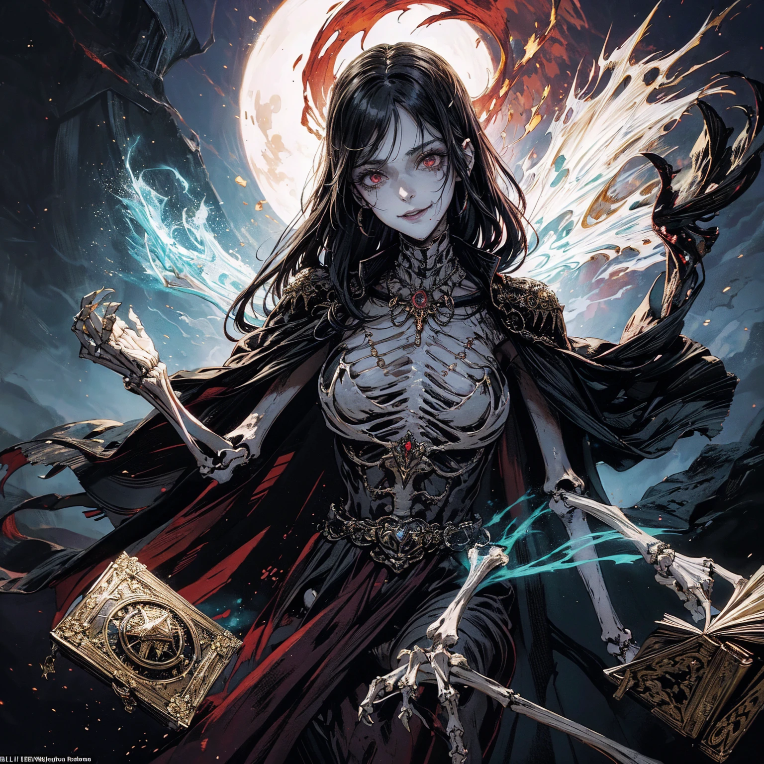 full body:1.5 (foot should be viewable), best quality, 4K, high resolution, masterpiece:1.2, Very detailed, actual:1.37, Mood lighting, A undead girl in a long cape, black hair, whole body is skeleton bone but except the head is still beautiful human face, Wearing a ragged gothic skirt, Aloofness emotion, Dangerous sneer, beautiful but bitter smile, Black tears of blood flowed from eyes, A hand holding an ancient magic book, Standing, Facing the camera, Crucified, Pitch black sky, Blood-red moon, strange atmosphere, Gothic style, Unforgettable beauty, Dramatic shadows, Ethereal Light, Mysterious atmosphere, Necromancer, Dark Magic, Resurrection of the Dead, Resurrected zombies and skeletons roaming around.