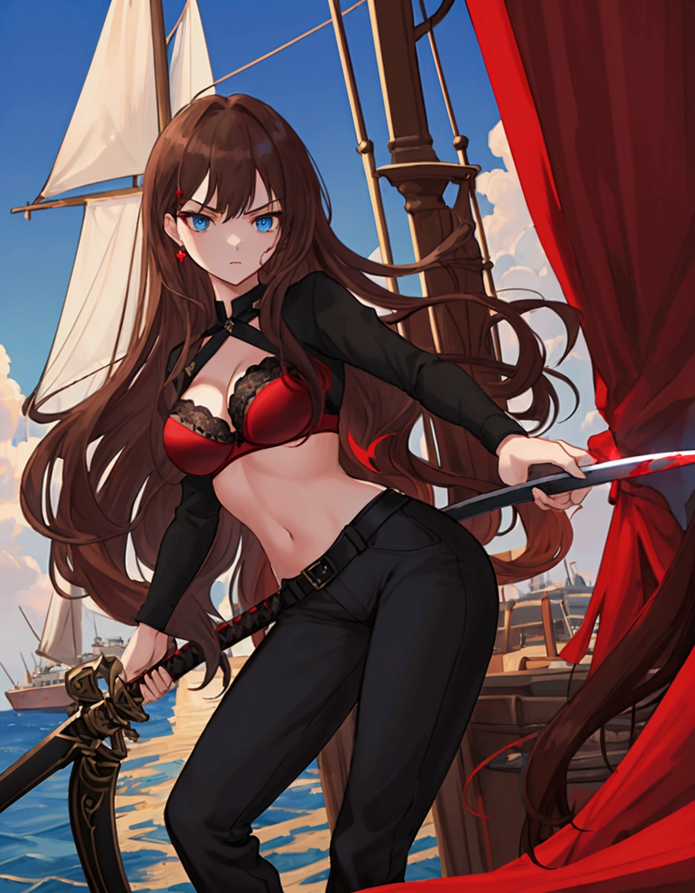 (real:0.2)、anime illustration, 1 girl, ((highest quality)), ((masterpiece)), (get used to it), perfect face, brown long hair, blue siren eyes, no bangs, serious, posing with a sword, round breast, red bra and black pants, on a yacht, fighting, dark area, blood, narrow waist, black high heels, cool, dark aura, beautiful