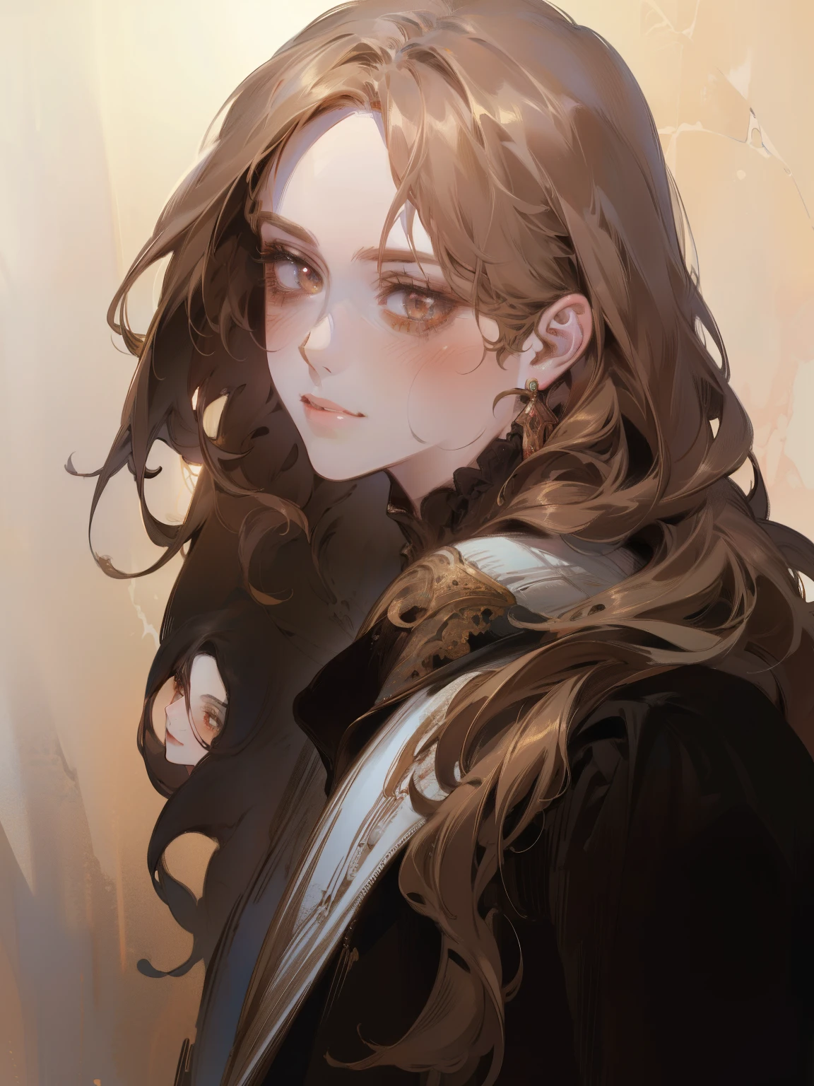 masterpiece, best quality, Girl, brown eyes, brown hair, long straight hair, slight smile, slight blush, portrait, close up, dark room background, (extremely detailed CG unity 8k wallpaper), (best quality), (best illustration), (best shadow), absurdres, realistic lighting, (Abyss), beautiful detailed glow