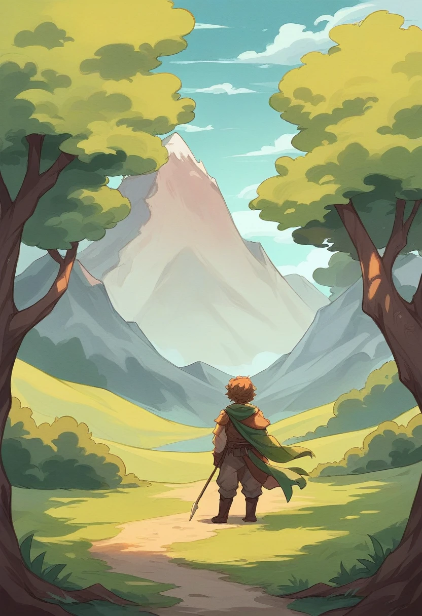 In a green meadow stands a girl leading a group of knights.
BREAK
With a brave expression, she guides them towards their destination.
BREAK
Behind her, a green forest stretches out and beyond that, mountains rise in the distance.
BREAK
The most suitable effect for this scene would be a watercolor painting technique to capture the softness of the meadow and the fluidity of the movement.