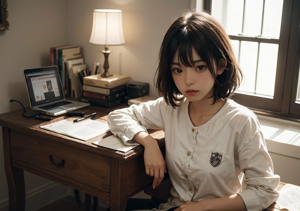 Cute  s　research　Serious face　on desk　inside in room　natta　shadowy