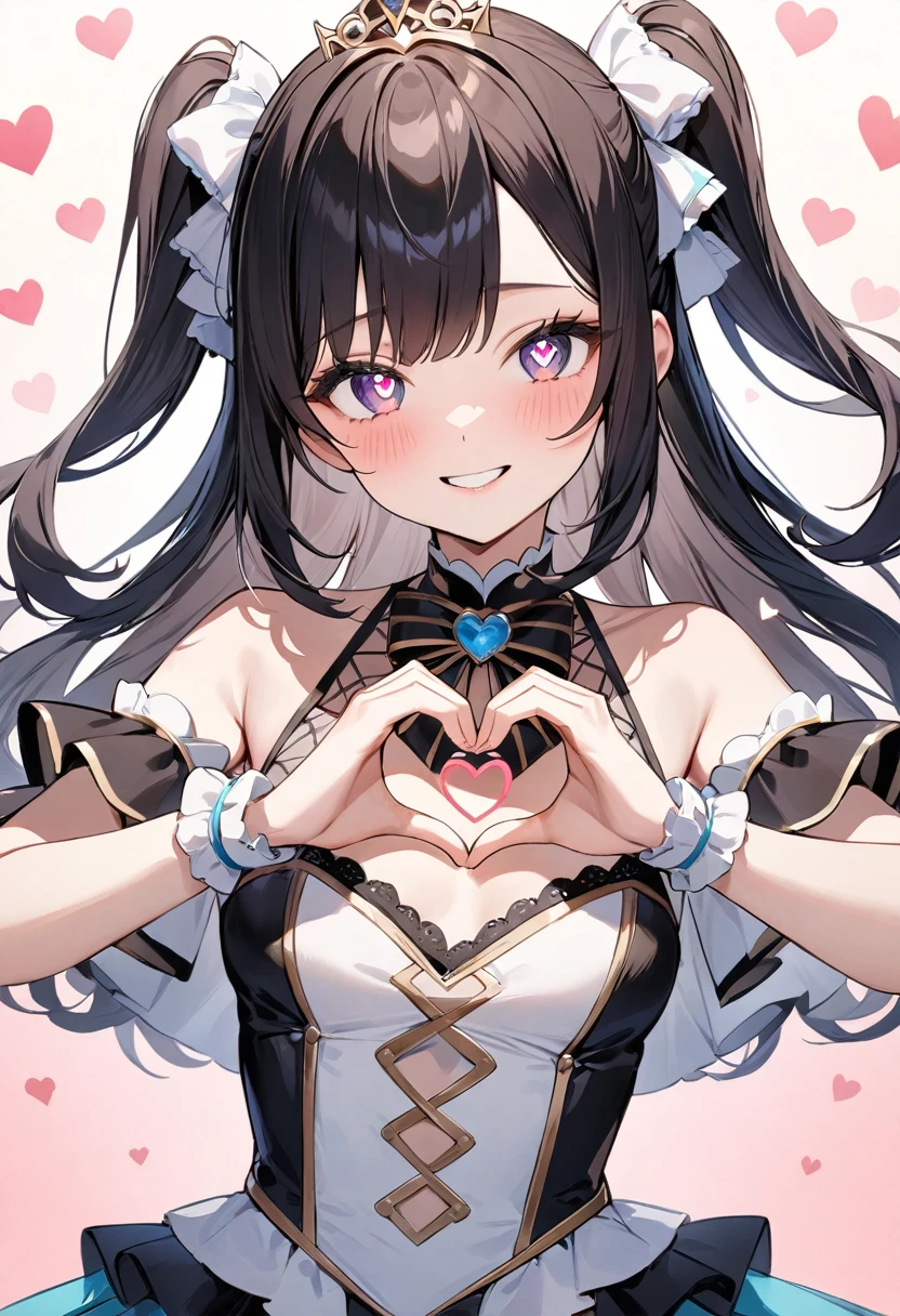 (masterpiece, top quality, very aesthetic, 4k、illustration), intricate detail, 1woman,contrapposto 、heart hands,(upper body)、Close-up of face、heart hands,(heart shaped pupils),Cute 、lovey smile、Random Hair Color、,middle hair,sidelock ,Random Color eyes、idol clothes、small breasts、Slim 、