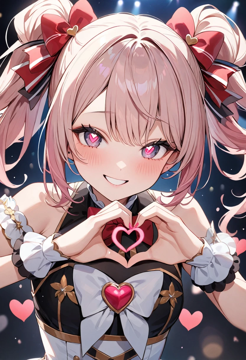 (masterpiece, top quality, very aesthetic, 4k、illustration), intricate detail, 1woman,contrapposto 、heart hands,(upper body)、Close-up of face、heart hands,(heart shaped pupils),Cute 、lovey smile、Random Hair Color、,middle hair,sidelock ,Random Color　eyes、idol clothes、small breasts、Slim 、