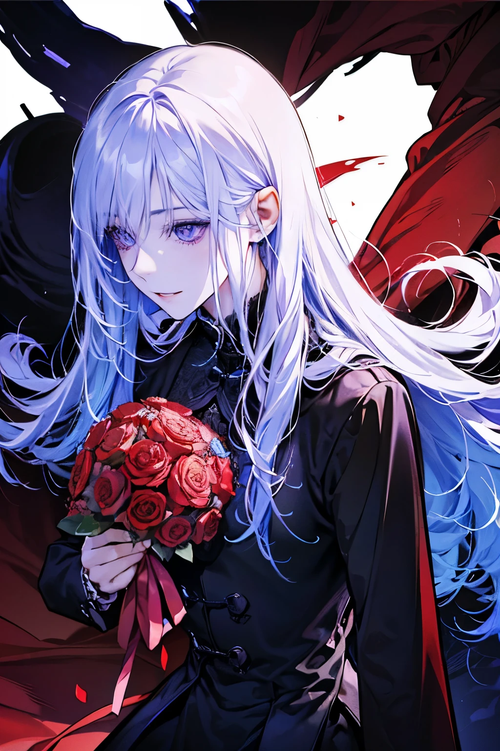 male,White Hair、Long Hair,hell、Hazbin Hotel、Blue-violet skin、Purple Eyes、good looking,Red proof、Red Space、Black Mud、High saturation、High contrast,Blood,Bouquet of black roses,Intimidating and charismatic,smile、beautiful、Cartoon、One person