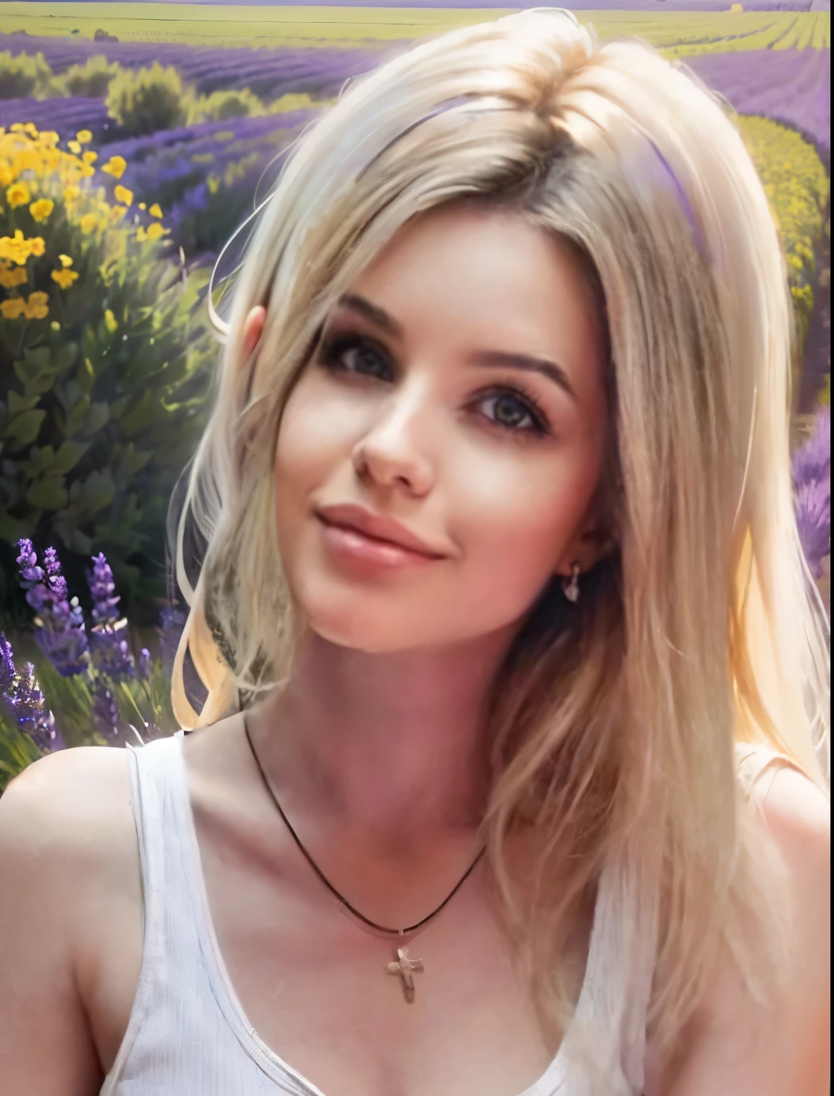 ((Do not change the image in the non-smeared area)) In the background are the lavender fields in Provence, southern France.Beautiful blonde girl standing in front of flower field.looking into camera.Smile.