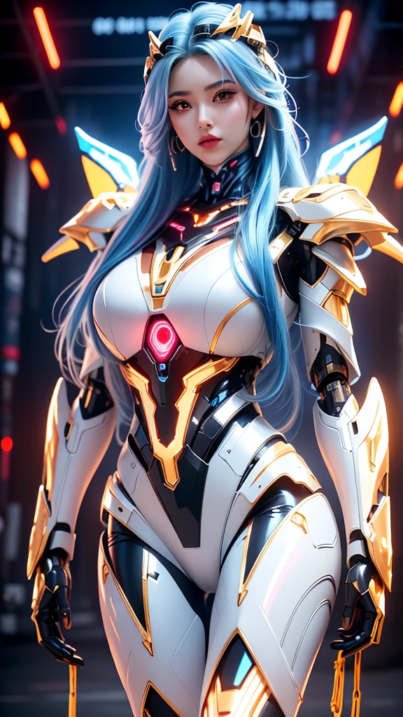 (masterpiece), best quality, expressive eyes, perfect face, beautiful details face, beautiful round eyes, full body, A beautiful mecha woman in mecha armour suit, (determined face), Serious look, (platinum blue hair), (random hairstyles, streaked hair, expressive hair, shiny hair, glowing hair, multicolored hair, gradient hair, colored inner hair, straight hair, medium long hair), fair skin, (full detailed mecha cybernetic suit:1.3), (full body cyber armour), Mechanical Puppet, glowing and shining armour, gold and red cyber armour, (Gigantic mechanical wing:1.2), (Edge lights:1.3), (silver and red colour scheme:1.3), (colorful armor:1.2), neon light on armour, beautiful details eyes, (emerald eyes), (glowing eyes:1.2), huge breasts, thick body, (well accentuated curves), pink lips, silver nails, mascara, Long eyelashes, eyeliners, extremely wide hips, beautiful massive thick thighs, slender figure, (Extremely detailed skin texture:1.2), beautiful detailed realistic muscle definition, golden lights that shimmer, high detailed eyes, ultra-high quality model, proportionate, intense colouration fantasy, (cyber city as background), blue and gold tetradic colours, earrings, (1girl), solo, cowboy shot, shine, glowing