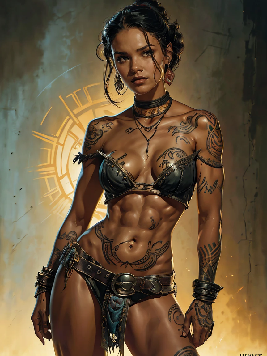 a sinister grim looking female Polynesian necromancer based on Jenna Ortega in ragged off-the-shoulder clothes, she has mysterious tattoos, she has short hair, she has small breasts, sunset, Dungeons and Dragons 5th edition style illustration, cinematic, fantasy painting, highly detailed, black outlining, full color illustration, in the style of BORIS VALLEJO & JULIE BELL