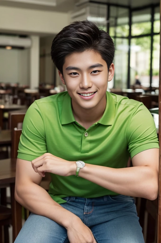 ((realistic daylight)) , Young Korean man in only a green polo shirt, no stripes, and jeans., A handsome, muscular young Asian man looks at the camera.  , in the restaurant ,turn sideways, smile