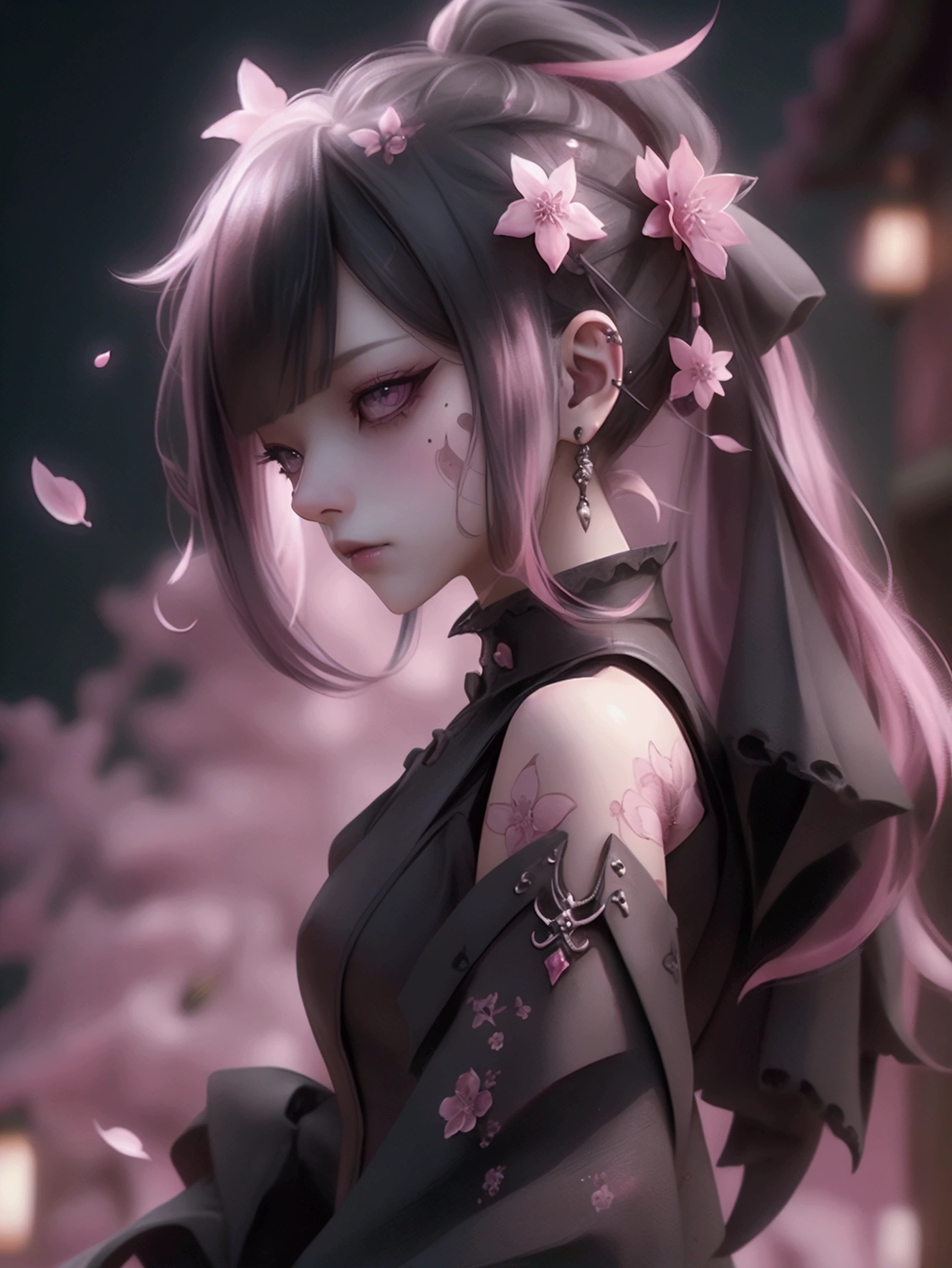 Downtin' Down Women、Standing with arms outstretched,Front angle,profile,Full Shot,Sarcastic and threatening poses,Look at me sideways,eye shadow,In the same way,boots,Game character costumes,novel,Gothic Punk,dress,boots,image color: Black and Pink,lanthanum, cherry blossoms, petals in the wind, Calm, mysterious, high quality, Dark look,Detailed eye design,3D Rendering,