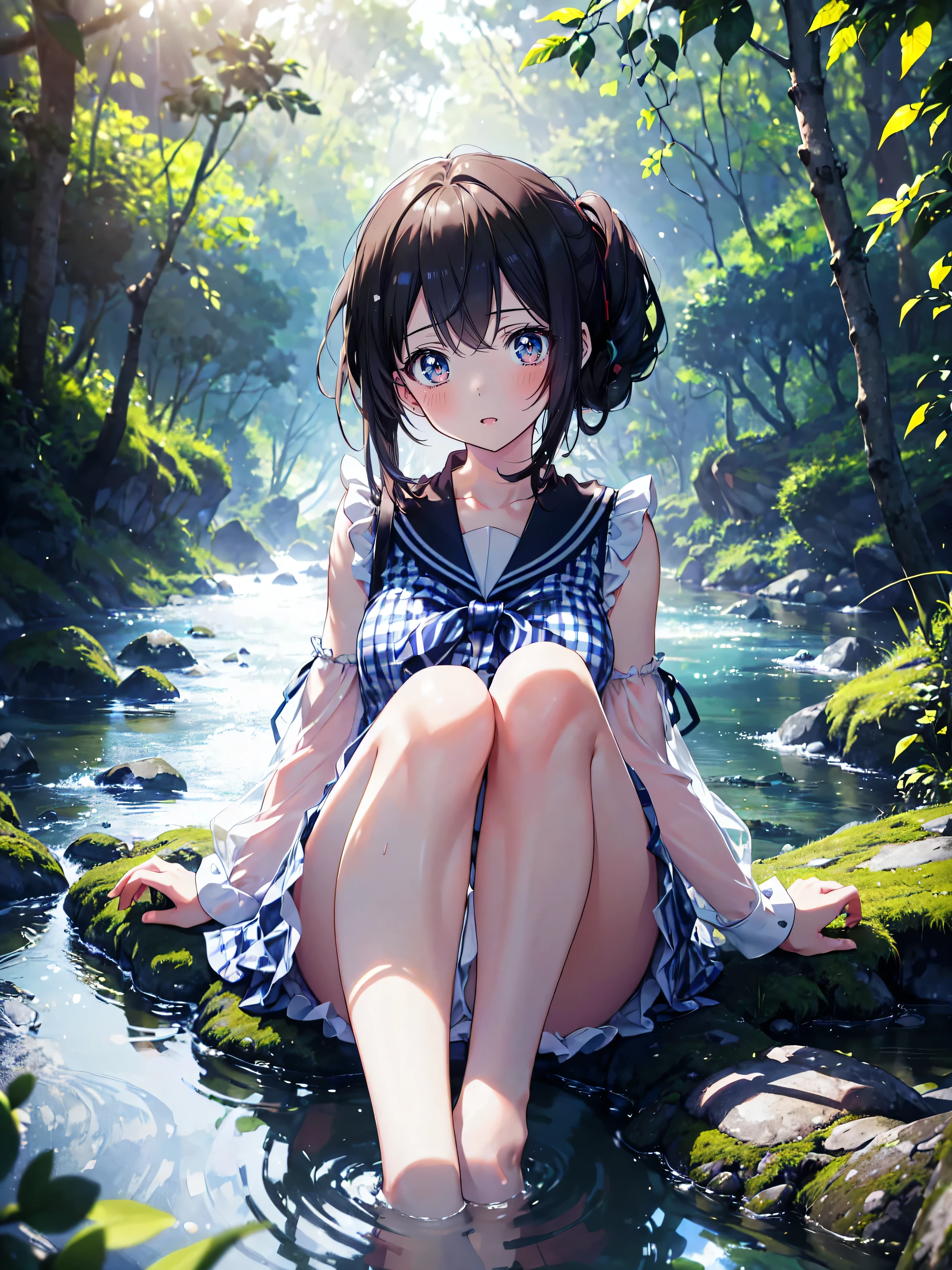 ((Superbly detailed drawing, ultra detailed, exquisite quality, absolutely resolution)), (((A girl wearing a gingham checked sailor dress))), (((sitting knees up, straddling, in the river:1.5))), panty shot, Wet clothes, Focus on the knee, (in the forest, Summer brook, Sunlight filtering through the trees:1.2), (blurry background, depth of field, particle effect, caustics:1.5), (photorealistic, isometric 3D, ray tracing, Octane Render),