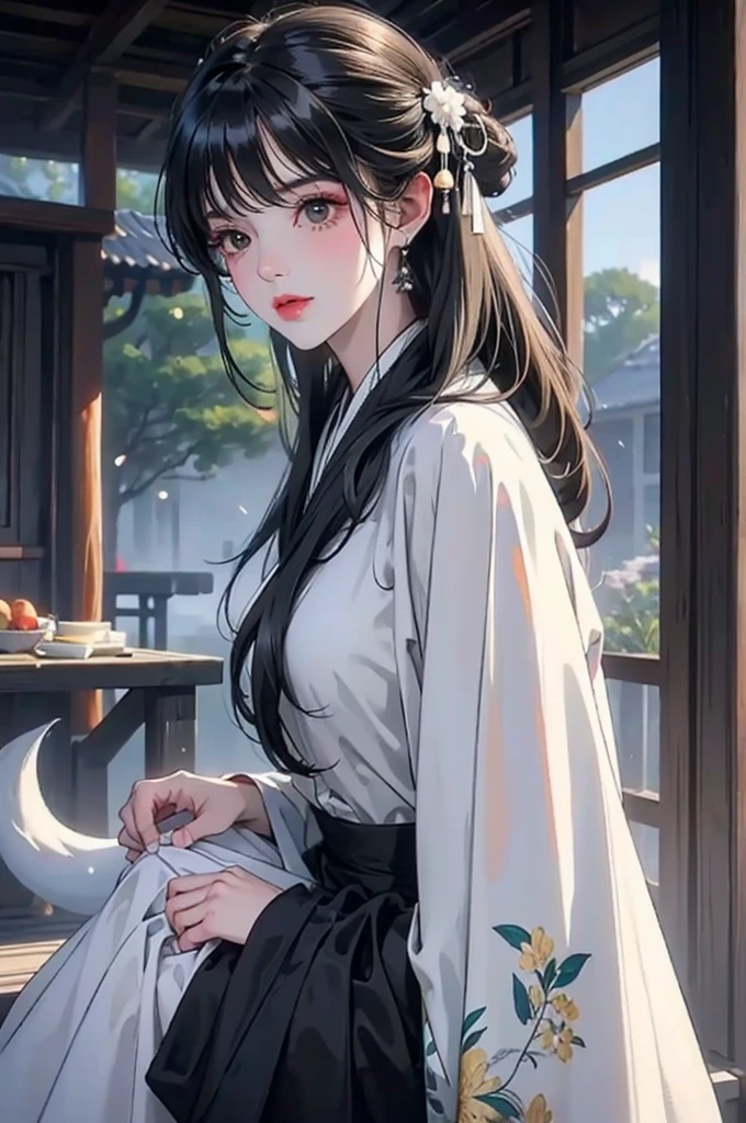 The ghost of a beautiful woman wearing a white kimono and black hair that shines through the fantastical mist