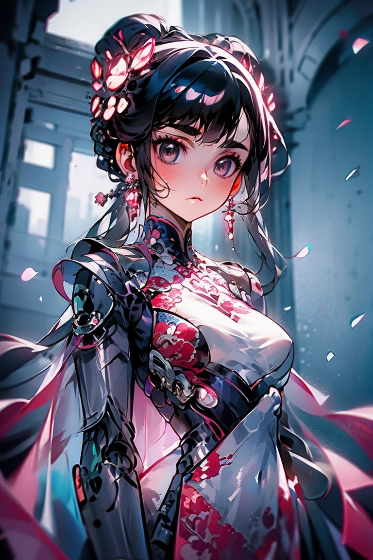 1girl, pink hair, solo, jewelry, earrings, dress, long hair, grey eyes, medium breasts, gloves, closed mouth, upper body