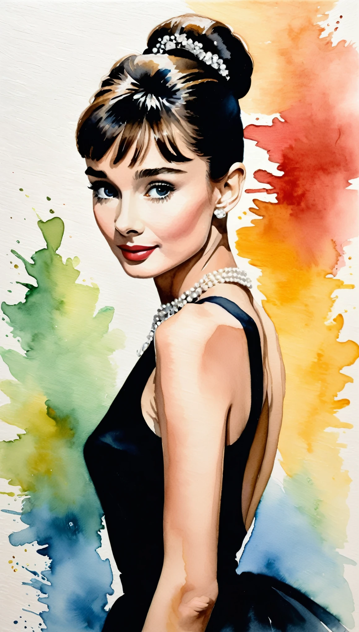 masterpiece,Audrey Hepburn acrylic watercolor painting,(Beautiful gradation created by layering),(Tarashikomi technique),A delicate touch
