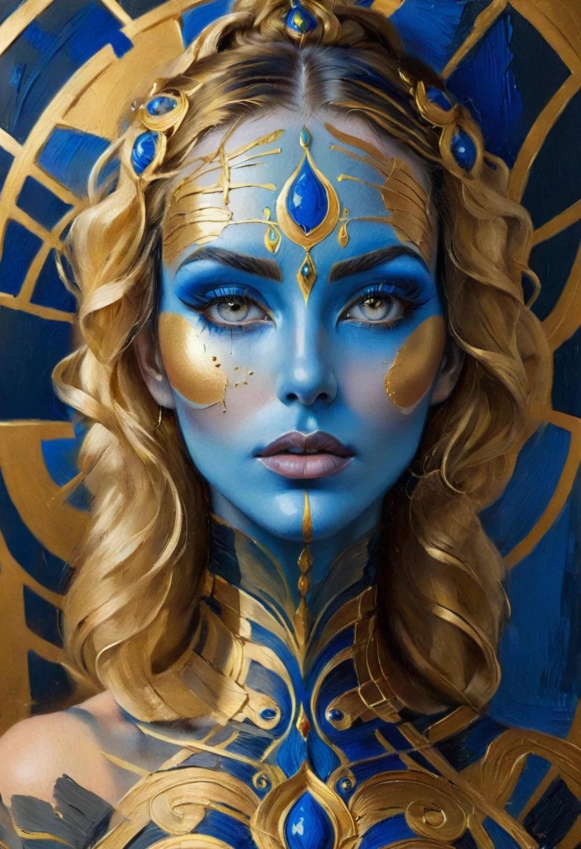 un primer plano de una mujer con maquillaje azul y dorado, hermoso retrato de arte de fantasía,oil painting, (flat painting:1.3), graphic design, (bold brush strokes:1.2), realistic painting, simple and minimal, (impressionism painting:1.3), oil on canvas, textured paper, sketch, (charcoal smudge:1.2), (bold brush texture:1.1), (chaotic lines:1.1), (pencil outline:1.2), image grain, (classic oil painting:1.2),
blended lines, serious artwork, matte colors, (impressionism:1.2), (Kevin beilfuss:1.1), (faded shadows:1.2), (face art:1.1), (middle eastern face:1.05)