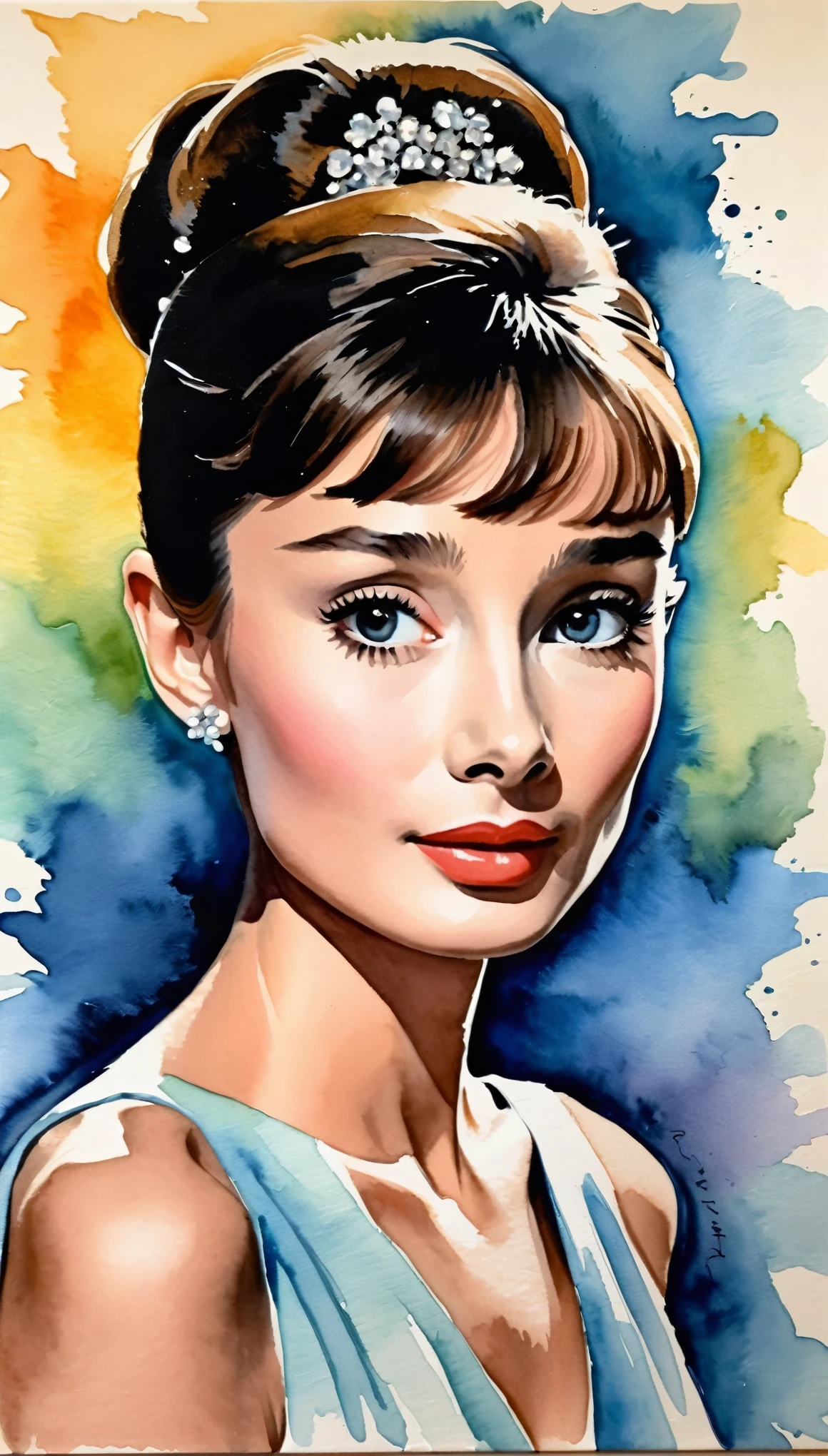 masterpiece,Audrey Hepburn acrylic watercolor painting,(Beautiful gradation created by layering),(Tarashikomi technique),A delicate touch