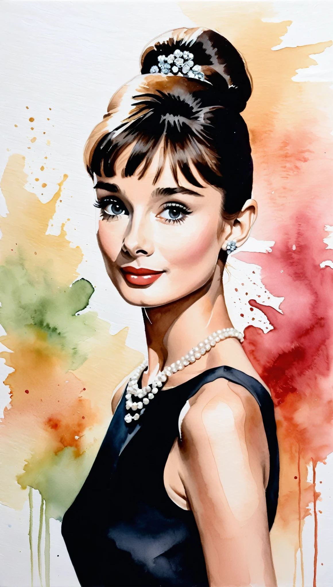 masterpiece,Audrey Hepburn acrylic watercolor painting,(Beautiful gradation created by layering),(Tarashikomi technique),A delicate touch
