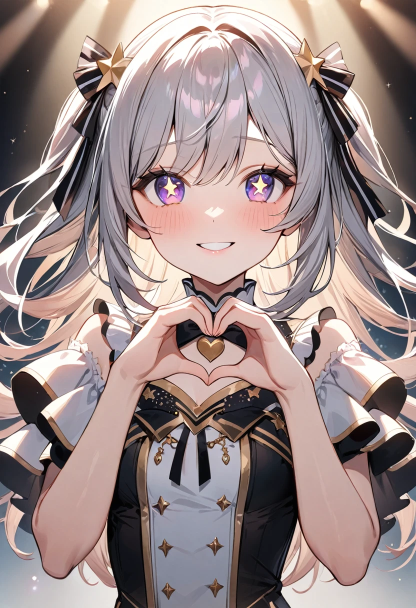 (masterpiece, top quality, very aesthetic, 4k、illustration), intricate detail, 1woman,contrapposto 、heart hands,(upper body)、Close-up of face、peace hands,(star-shaped pupils),Cute 、lovey smile、Random Hair Color、,middle hair,sidelock ,Random Color　eyes、idol clothes、small breasts、Slim 、