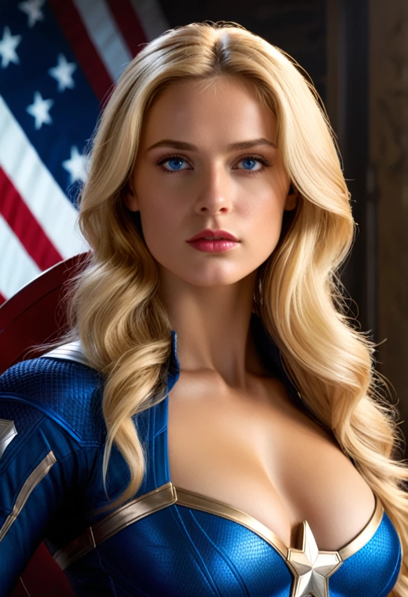 female capitan america from marvel, long blonde hair, blue eyes, stunning body, high detail, American propaganda poster, Realism, Hyperrealism, cinematic lighting, masterpiece, high quality, 4K