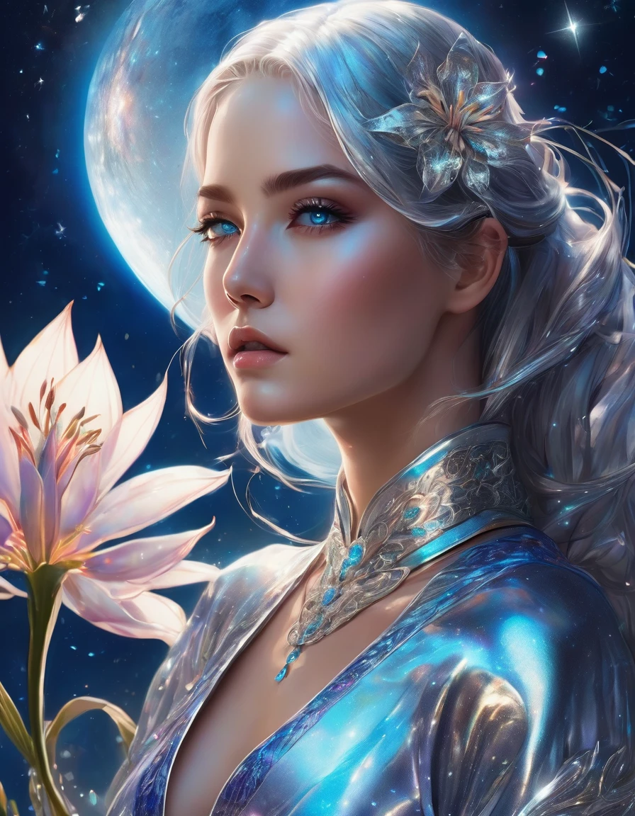 digital graphics on a background of beautiful chrome lilies, huge beautiful flowers, a beautiful blue-eyed girl, beautiful silver hair, in silver oriental clothes experiencing glitter, a full-length girl, airy shimmering beautiful colors, blue silver colors, detail. chrome colors. aesthetics. fantasy. realism. 8k, celestial::1 moonlight::1