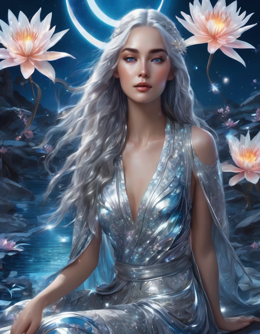 digital graphics on a background of beautiful chrome lilies, huge beautiful flowers, a beautiful blue-eyed girl, beautiful silver hair, in silver oriental clothes experiencing glitter, a full-length girl, airy shimmering beautiful colors, blue silver colors, detail. chrome colors. aesthetics. fantasy. realism. 8k, celestial::1 moonlight::1
