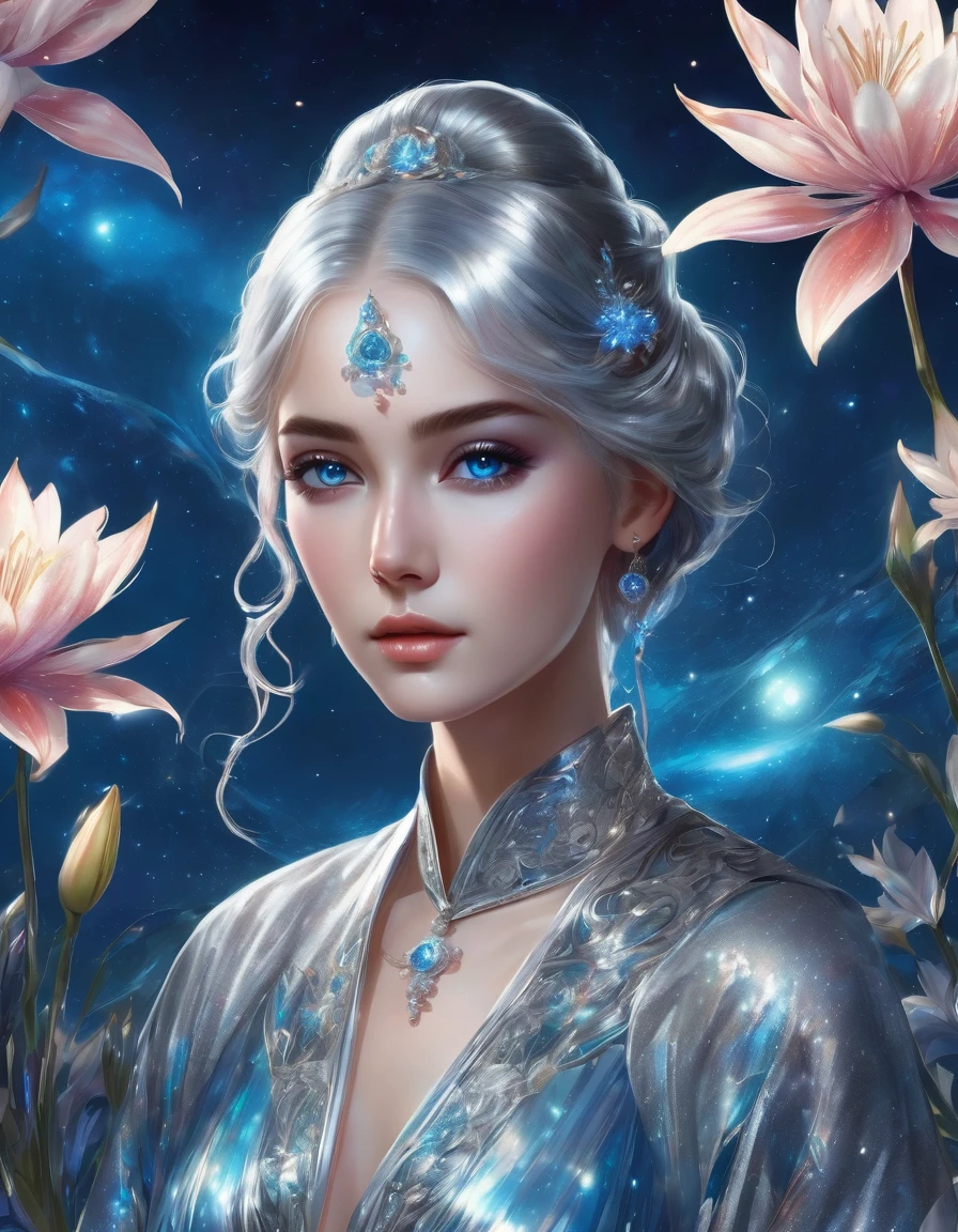digital graphics on a background of beautiful chrome lilies, huge beautiful flowers, a beautiful blue-eyed girl, beautiful silver hair, in silver oriental clothes experiencing glitter, a full-length girl, airy shimmering beautiful colors, blue silver colors, detail. chrome colors. aesthetics. fantasy. realism. 8k, celestial::1 moonlight::1