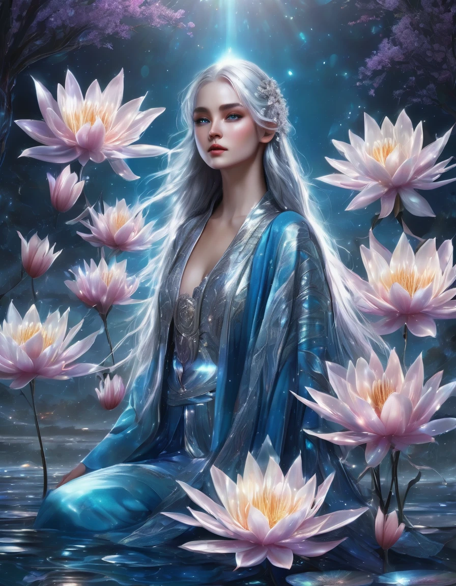 digital graphics on a background of beautiful chrome lilies, huge beautiful flowers, a beautiful blue-eyed girl, beautiful silver hair, in silver oriental clothes experiencing glitter, a full-length girl, airy shimmering beautiful colors, blue silver colors, detail. chrome colors. aesthetics. fantasy. realism. 8k, celestial::1 moonlight::1
