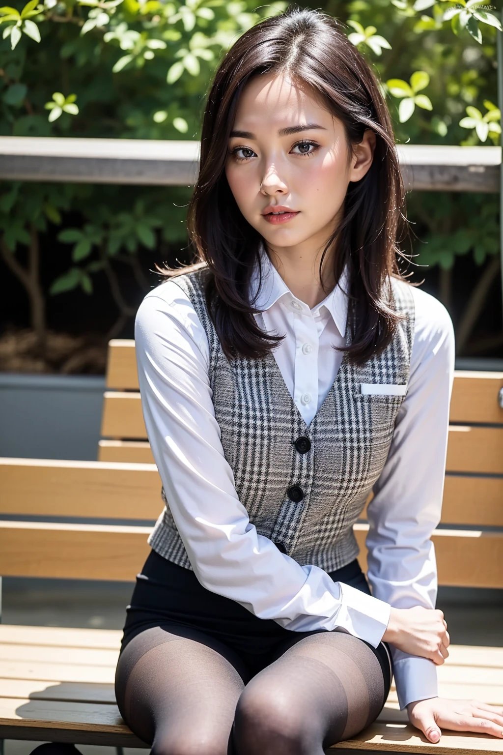 ulzzang-6500-v1.1, (RAW Photos:1.2), (Photorealistic), (Genuine:1.4), 1girl、Perfect Anatomy、42 years old、Looking at the camera、Medium Long Hair、Plaid vest、((Sitting on a bench:1.3))、(Ultra-realistic pantyhose:1.2), (High heels)、(Business services)、