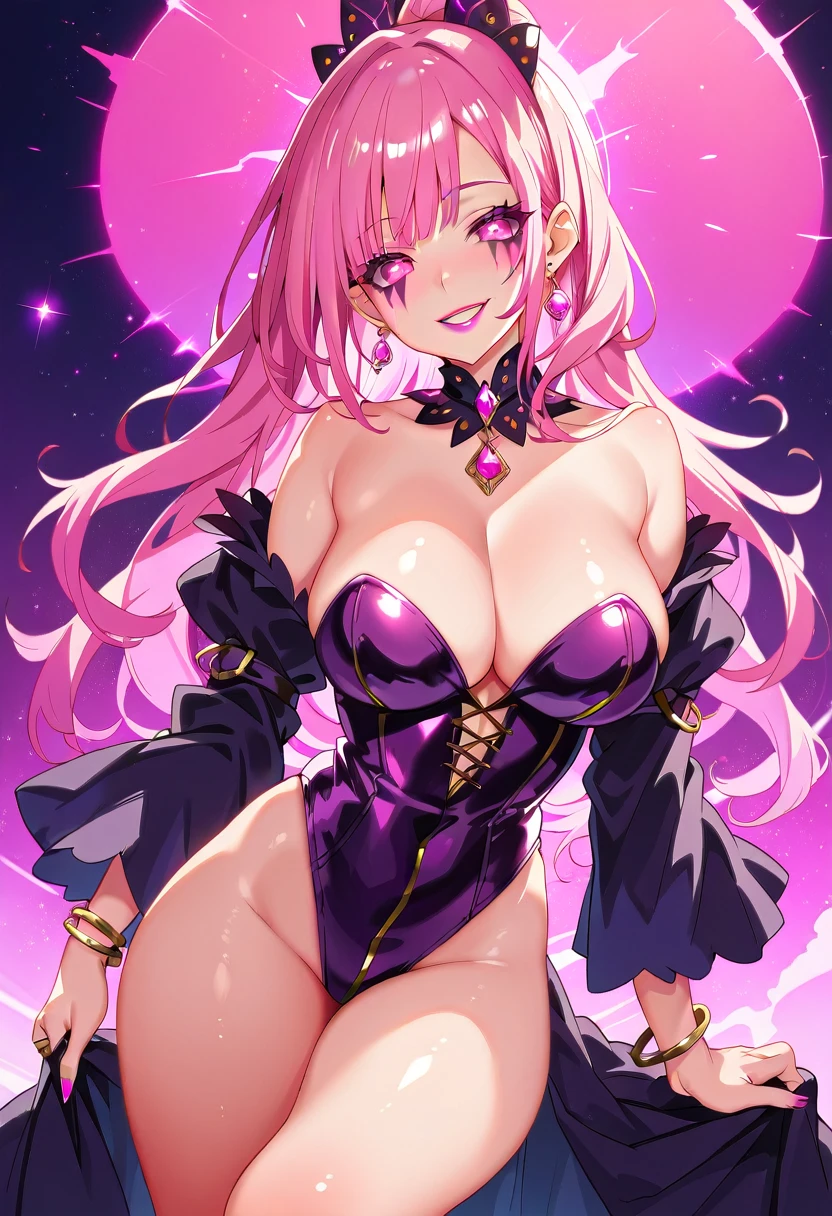 1 mature beautiful woman,(Highest quality,Extremely detailed depiction,Incredibly absurd high resolution,Anatomically accurate depiction,Curvy Legs),(Glowing Skin,Shiny skin),(Bewitching witch),(Sexy witch costume,latex,Black Pantyhose,Luxury accessories,Earrings,necklace,Bracelet),eyelash,(Pink Eyes,Half-closed eyes:1.3,Crazy Eyes,There is cleavage in the chest,Wicked Smile,Glossy lipstick,Flashy makeup,eye shadow,eyeliner,mascara,Seductive gestures),whole body