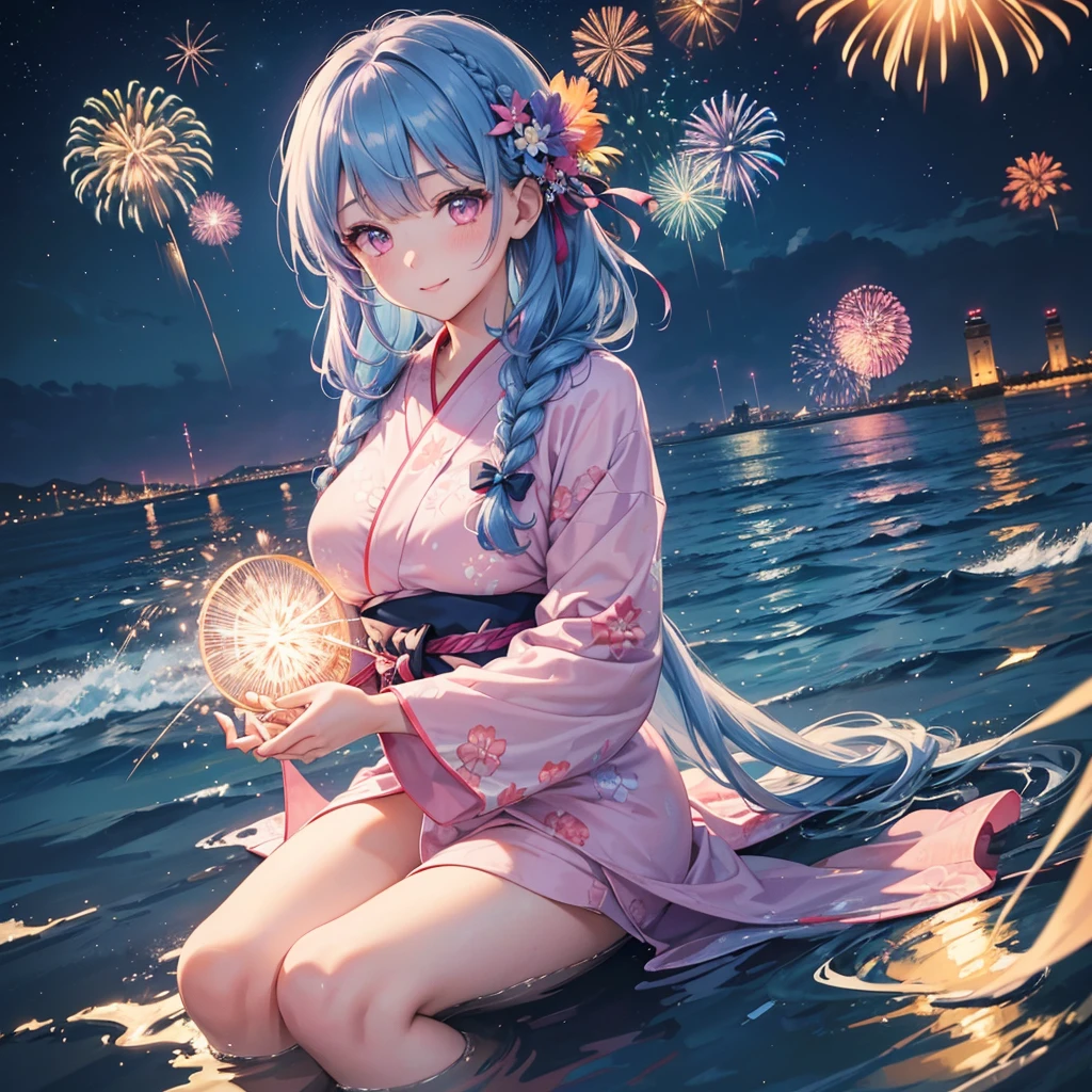 (Sky Blue Medium Hair:1.2), (Braided Hair),(Pink Eyes),Fair skin ,(whole body),(1 girl)、Floral Yukata、summer night、Extra-large fireworks filling the night sky、Huge fireworks launched from the sea、Watching the fireworks while sitting next to each other、smile、Straight bangs,(masterpiece, Highest quality, Very detailed, Best Shadow), (Detailed Background), (Beautifully detailed face), High Contrast, (Best lighting, Very delicate and beautiful), ((Cinematic Light)), colorful, Hyper Detail 8k, Dramatic Light, Intricate details,Fireworks reflected on the water surface、