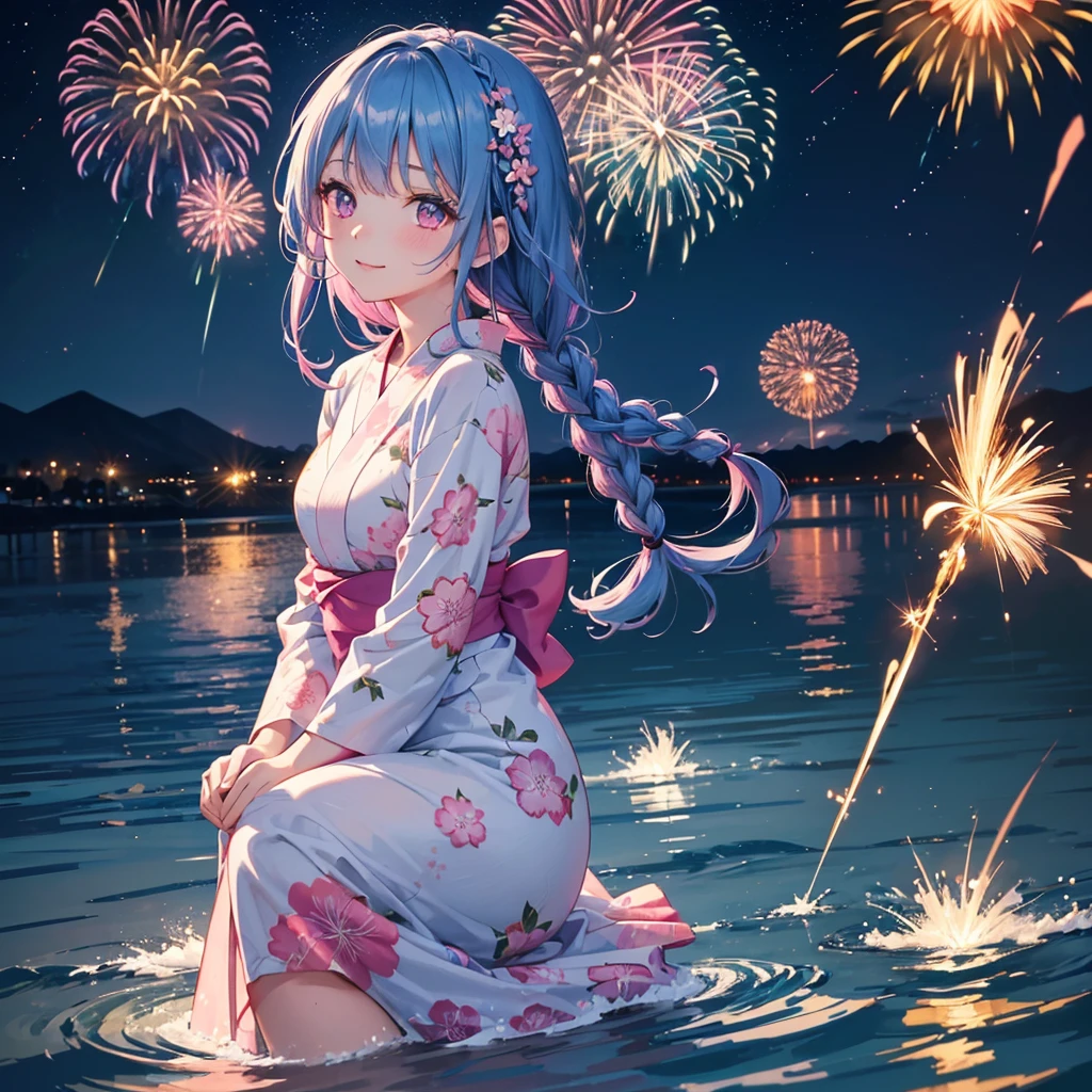 (Sky Blue Medium Hair:1.2), (Braided Hair),(Pink Eyes),Fair skin ,(whole body),(1 girl)、Floral Yukata、summer night、Extra-large fireworks filling the night sky、Huge fireworks launched from the sea、Watching the fireworks while sitting next to each other、smile、Straight bangs,(masterpiece, Highest quality, Very detailed, Best Shadow), (Detailed Background), (Beautifully detailed face), High Contrast, (Best lighting, Very delicate and beautiful), ((Cinematic Light)), colorful, Hyper Detail 8k, Dramatic Light, Intricate details,Fireworks reflected on the water surface、