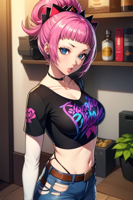 Hortensia, Hortensia \(Fire Emblem\), pink hair ,glossy lips, earrings ,1girl, solo, black t-shirt, white shirt, blue jeans, belt, lipstick, large breasts
