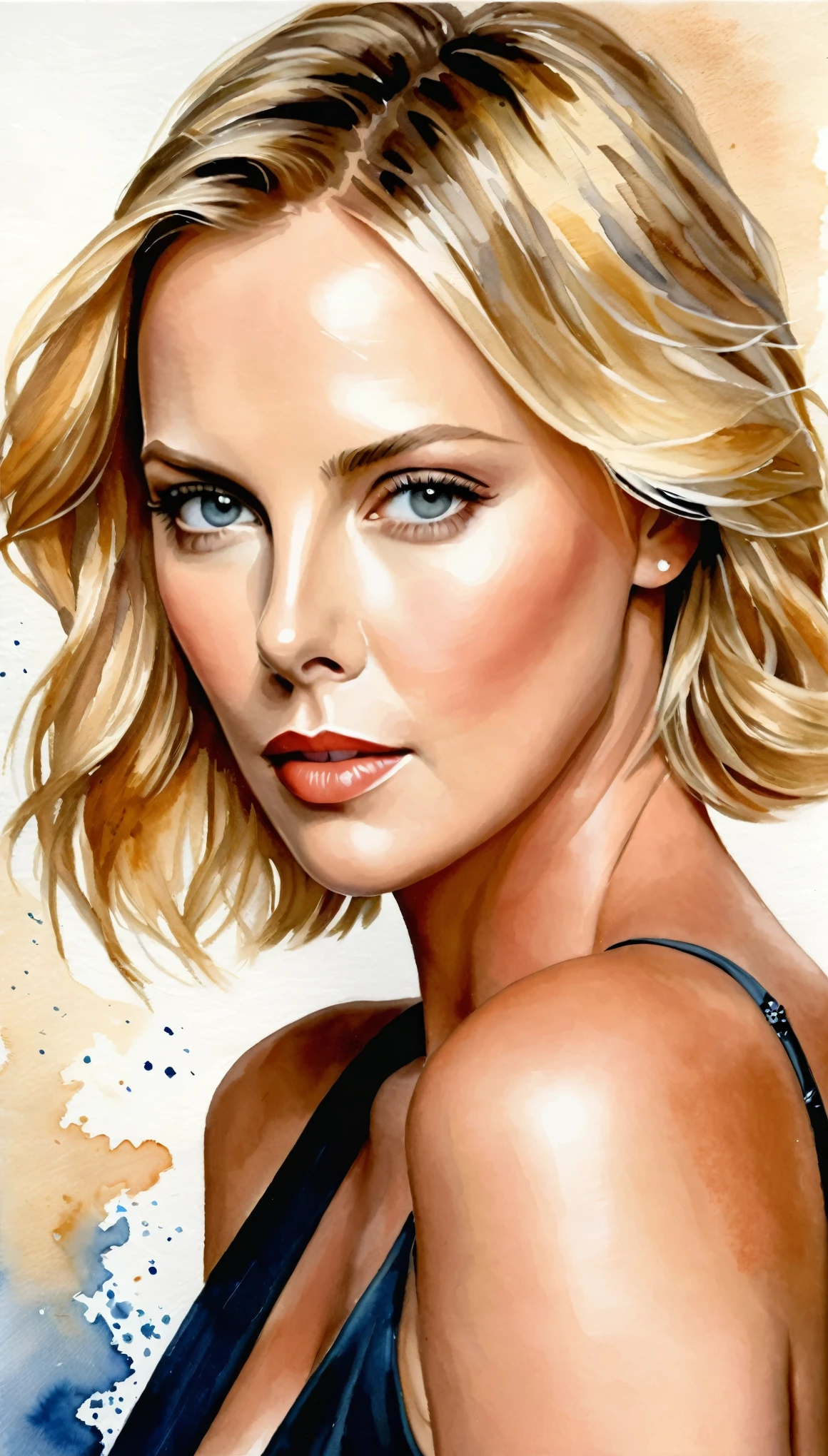 masterpiece,Charlize Theron Acrylic and Watercolor Painting,(Beautiful gradation created by layering),(Tarashikomi technique),A delicate touch