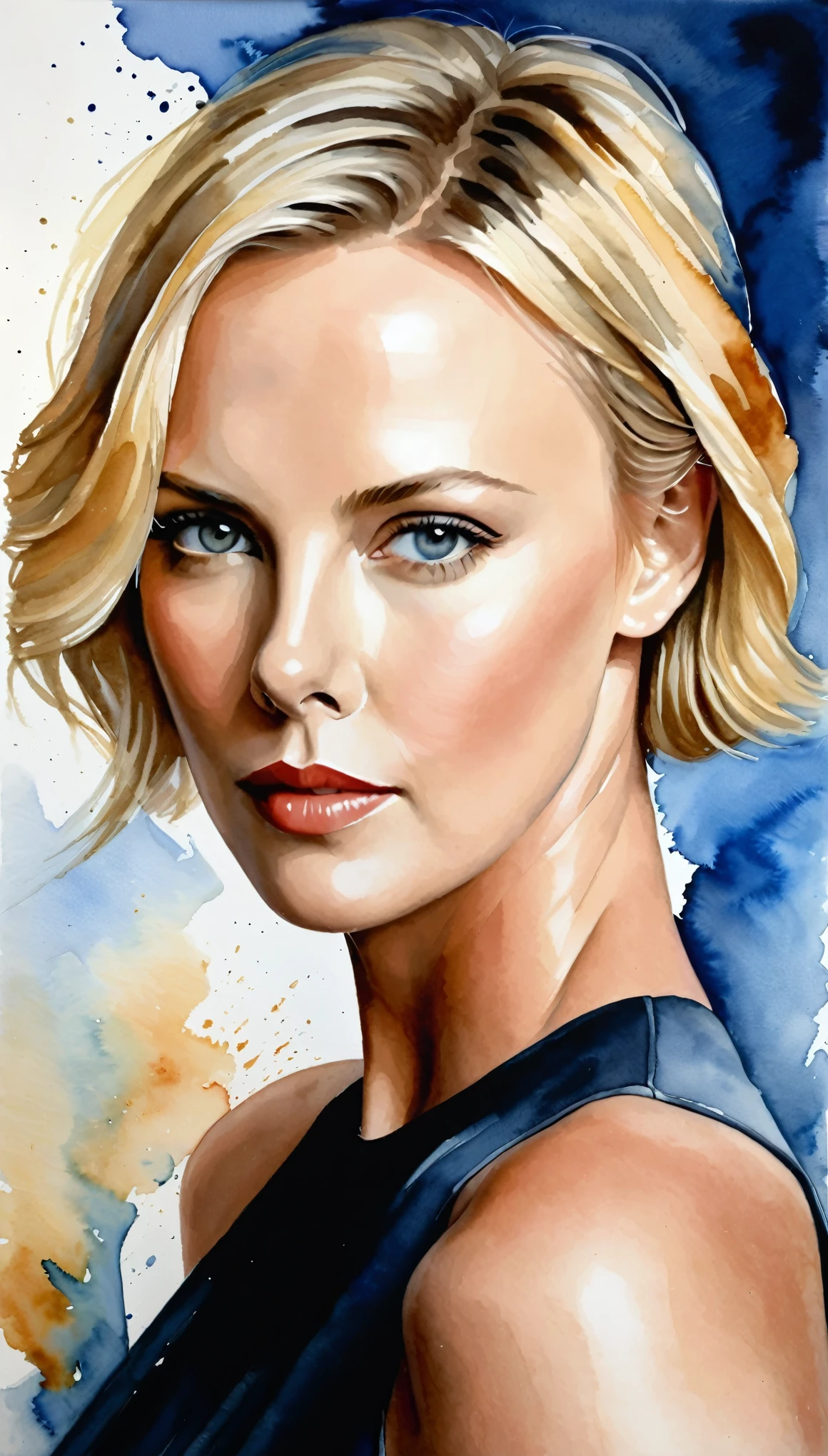 masterpiece,Charlize Theron Acrylic and Watercolor Painting,(Beautiful gradation created by layering),(Tarashikomi technique),A delicate touch