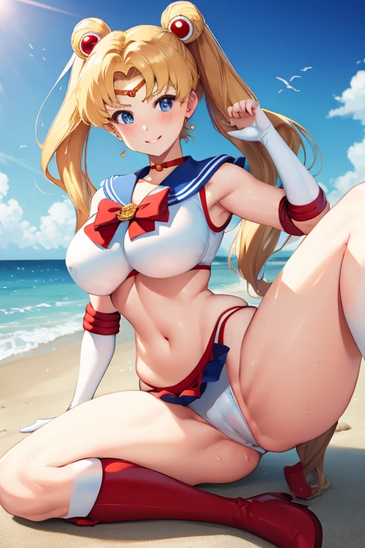 masterpiece, best quality, beautiful art, high resolution, well formed hands, body and fingers, 1 woman, solo, sailor moon , adult, grown up, twin tails, blonde, large and round breasted, cleavage, full body, , sexy sailor senshi uniform, , red boots, gorgeous hips, legs and thighs, blond, white elbow gloves, sailor collar, tiara, earrings, full body picture, grown up, adult, large and rounded breasted, cleavage, hair ornament, wearing a Tyris Flare outfit ,  white_bikini, full body, sexy and skimpy  bikini, gorgeous  hips, legs and thighs bouncing breasts, dancing seductively and erotically, turning backwards and forwards, bikini thong, shaking her body alluringly, smiling joyfully, looking at the viewer, sweating , flirting, beach environment 