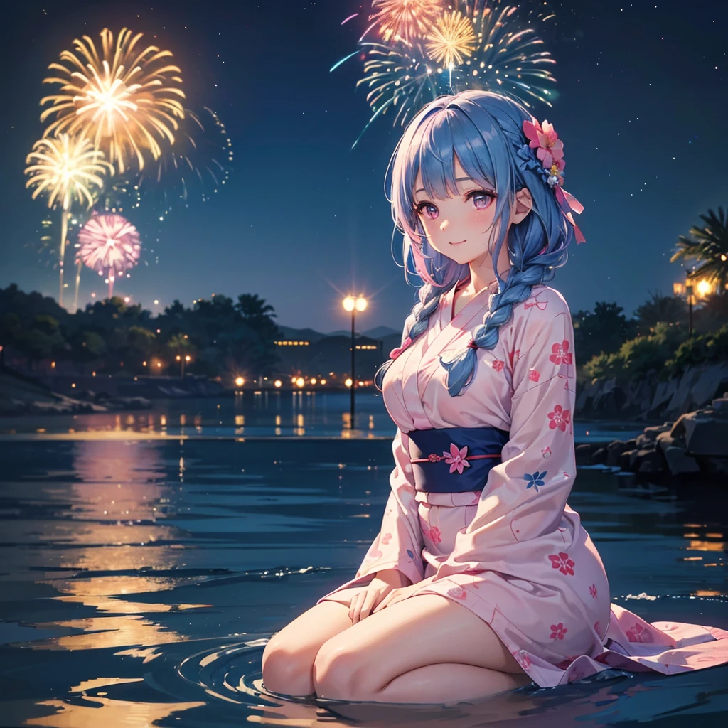 (Sky Blue Medium Hair:1.2), (Braided Hair),(Pink Eyes),Fair skin ,(whole body),(1 girl)、Floral Yukata、summer night、Extra-large fireworks filling the night sky、Huge fireworks launched from the sea、Watching the fireworks while sitting next to each other、smile、Straight bangs,(masterpiece, Highest quality, Very detailed, Best Shadow), (Detailed Background), (Beautifully detailed face), High Contrast, (Best lighting, Very delicate and beautiful), ((Cinematic Light)), colorful, Hyper Detail 8k, Dramatic Light, Intricate details,Fireworks reflected on the water surface、