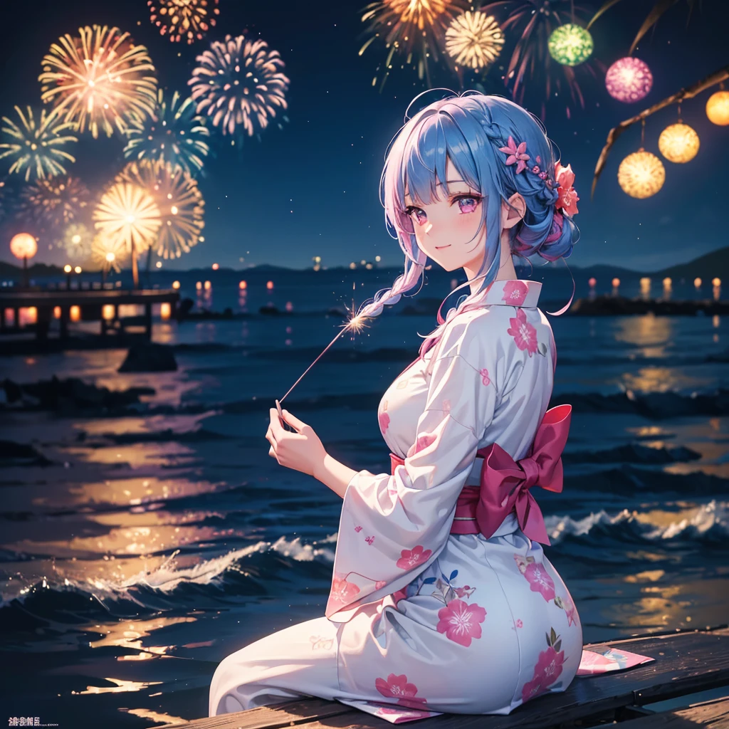 (Sky Blue Medium Hair:1.2), (Braided Hair),(Pink Eyes),Fair skin ,(whole body),(1 girl)、Floral Yukata、summer night、Extra-large fireworks filling the night sky、Huge fireworks launched from the sea、Watching the fireworks while sitting next to each other、smile、Straight bangs,(masterpiece, Highest quality, Very detailed, Best Shadow), (Detailed Background), (Beautifully detailed face), High Contrast, (Best lighting, Very delicate and beautiful), ((Cinematic Light)), colorful, Hyper Detail 8k, Dramatic Light, Intricate details,Fireworks reflected on the water surface、